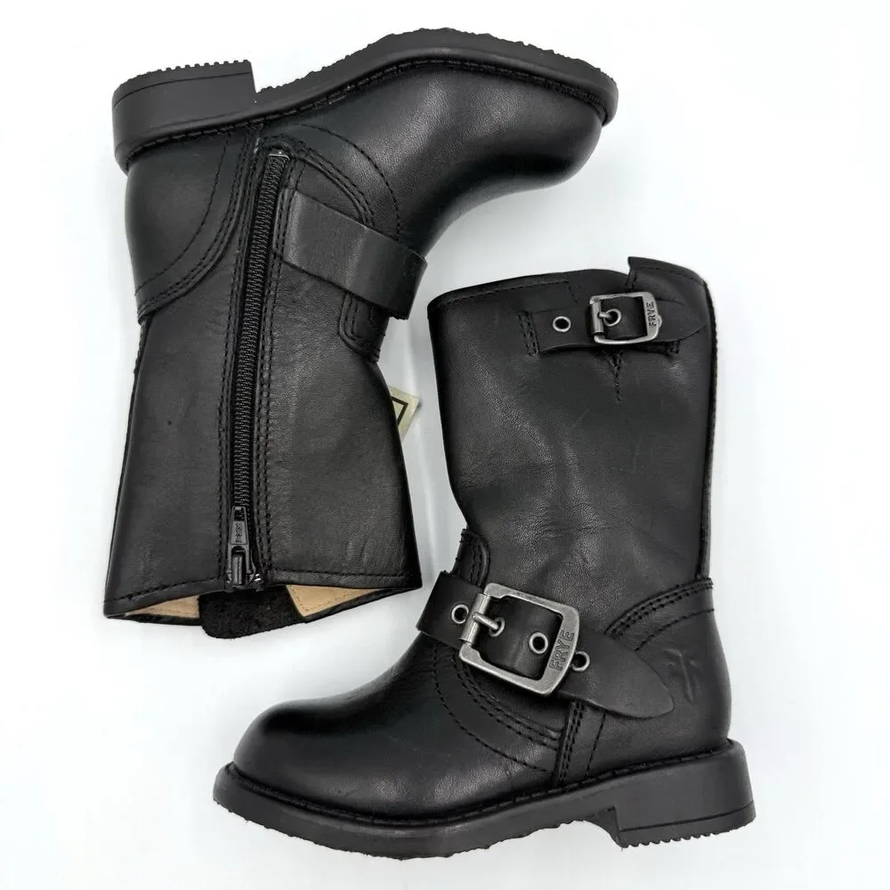 Small Frye Kids Youth 5 Black Leather Engineer Moto Boots Harness Buckle NWT